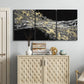 Three-panel canvas wall art featuring dark modern abstract wind patterns, displayed above a cabinet in an entryway.
