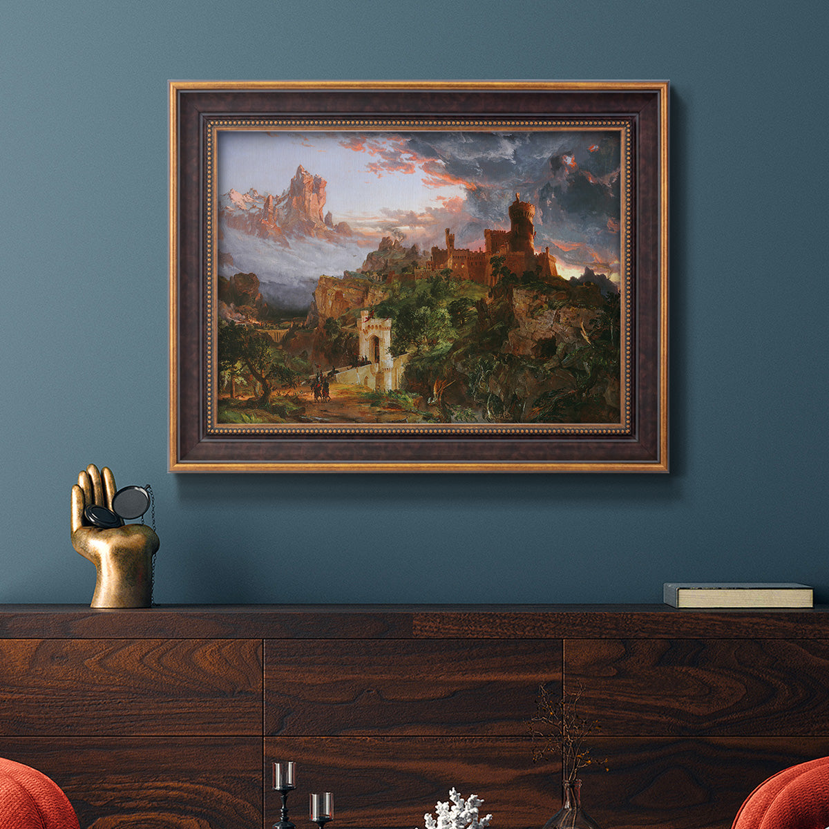 Romantic allegorical landscape painting by Jasper Francis Cropsey in an ornate bronzed mahogany wood frame displayed in a dark-toned interior setting.