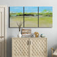 Three-panel canvas wall art featuring abstract terrace landscape view, displayed above a cabinet in an entryway.