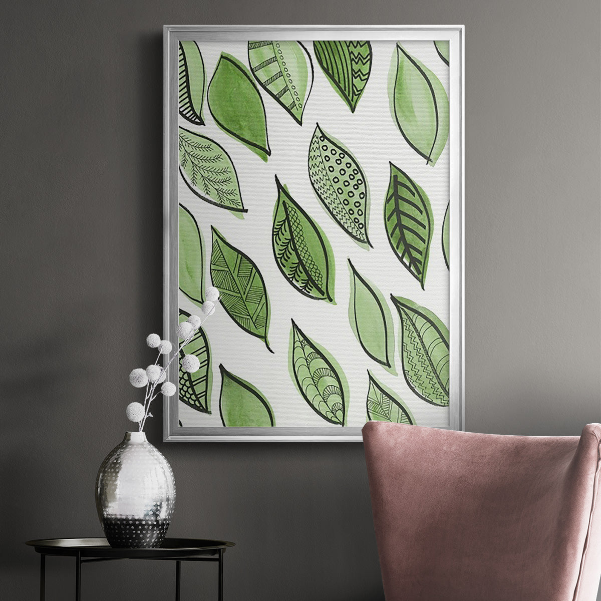 Patterned Leaf Shapes IV - Modern Framed Canvas Print