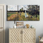 Three-panel canvas wall art featuring figures walking along riverbank, displayed above a cabinet in an entryway.