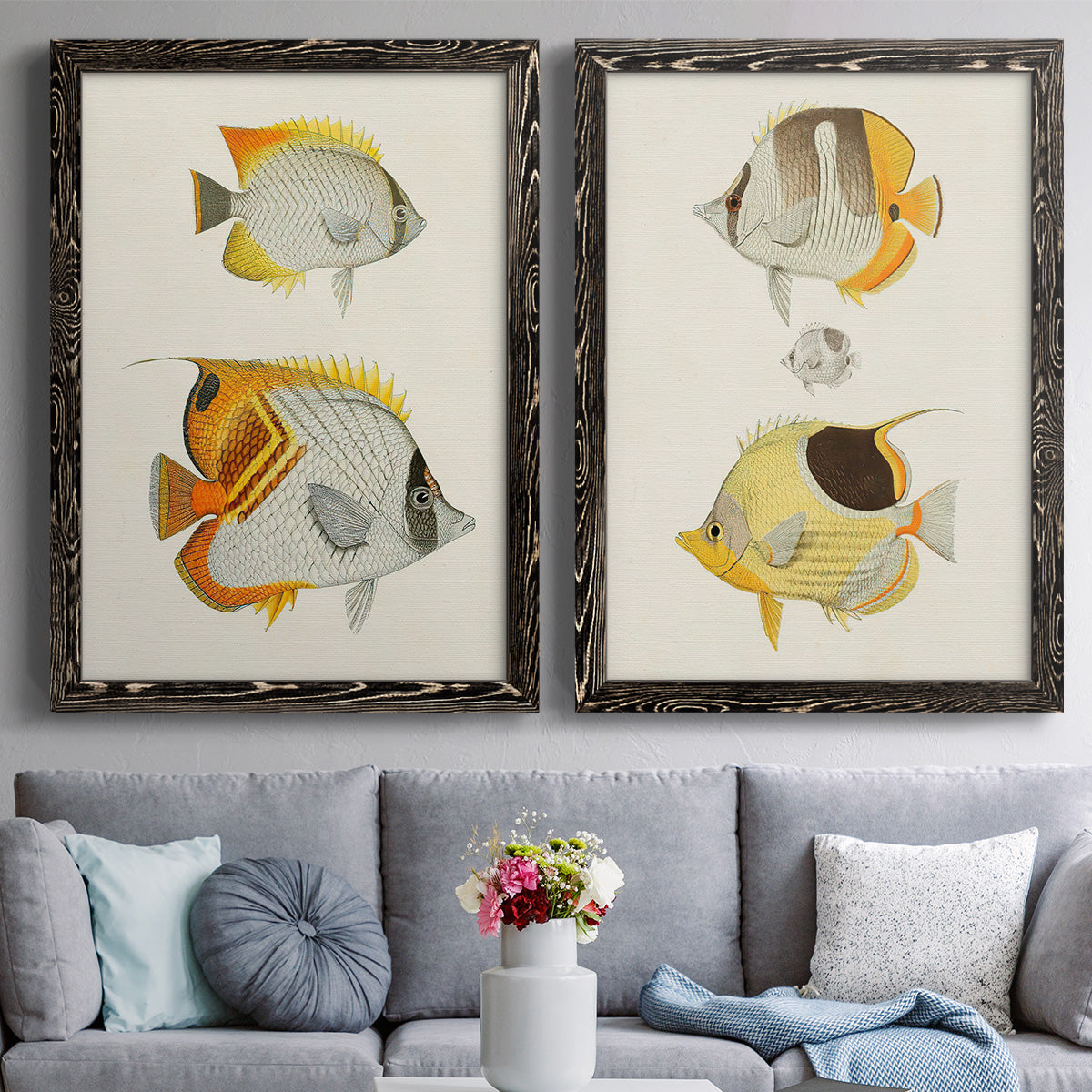 Yellow & Grey Fish I - Premium Framed Canvas 2 Piece Set - Ready to Hang