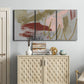 Three-panel canvas wall art featuring minimalist abstract line textures, displayed above a cabinet in an entryway.
