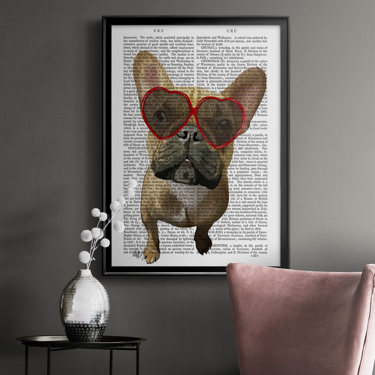 French Bulldog and Heart Glasses - Modern Framed Canvas Print