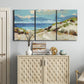 Three-panel canvas wall art featuring sand dunes beside open water, displayed above a cabinet in an entryway.