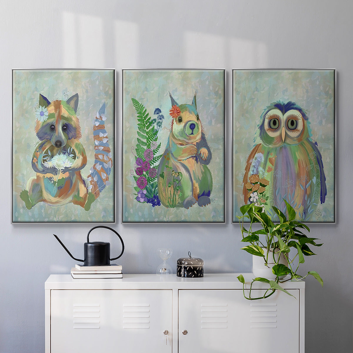 Fantastic Florals Owl - Framed Premium Gallery Wrapped Canvas L Frame 3 Piece Set - Ready to Hang