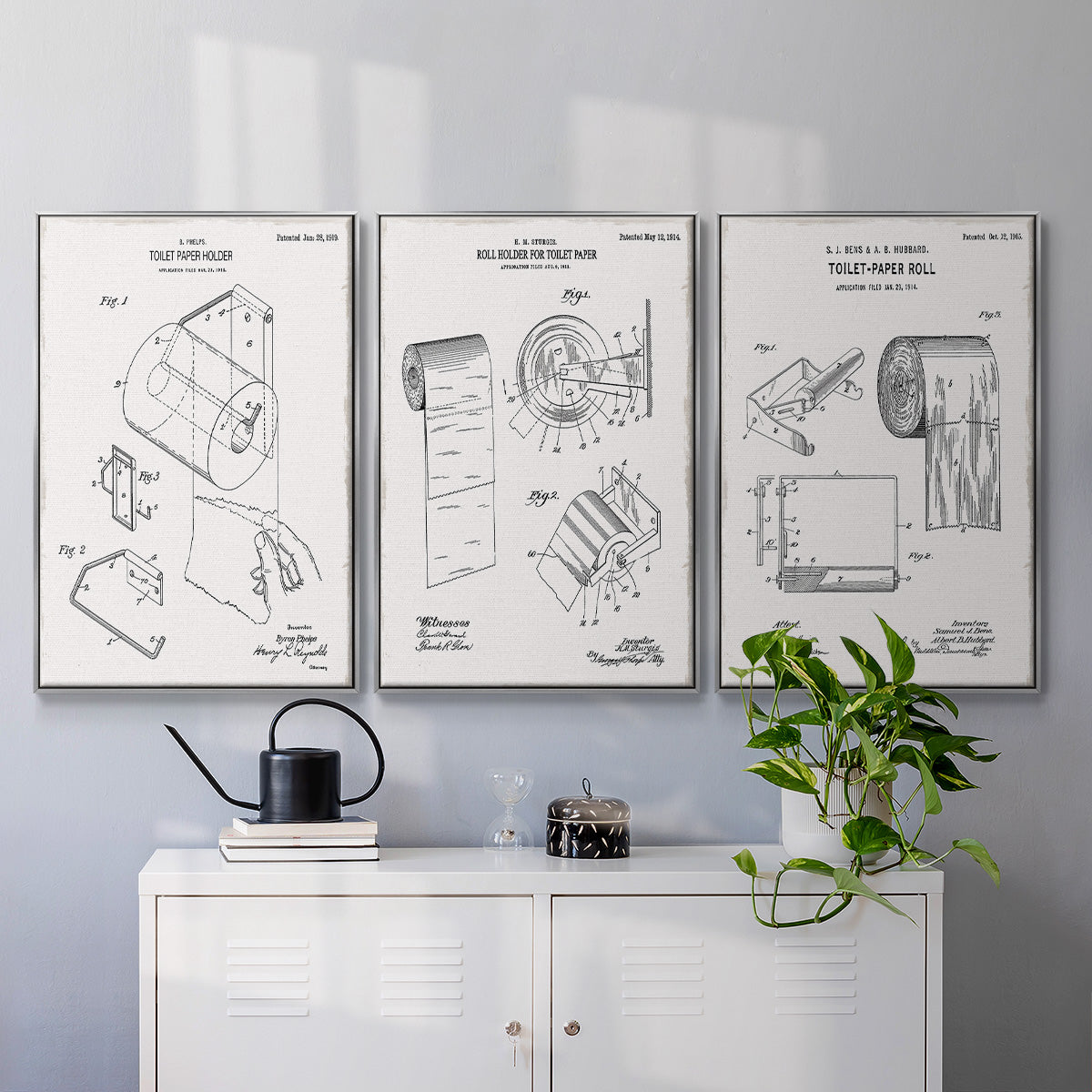 Toilet Paper Patent I - Framed Premium Gallery Wrapped Canvas L Frame 3 Piece Set - Ready to Hang