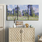 Three-panel canvas wall art featuring poppy field near garden village, displayed above a cabinet in an entryway.