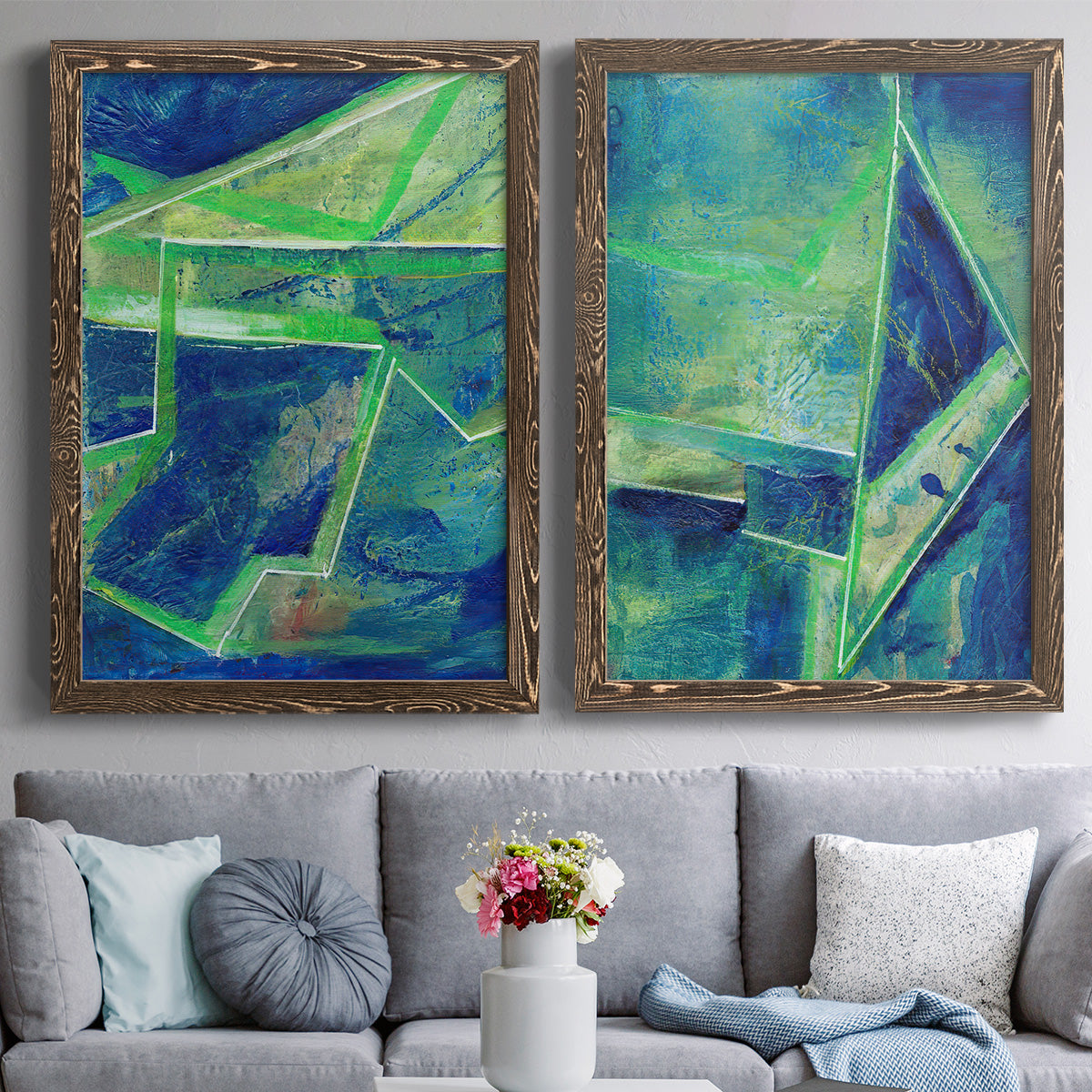 Geometric in Cool I - Premium Framed Canvas 2 Piece Set - Ready to Hang