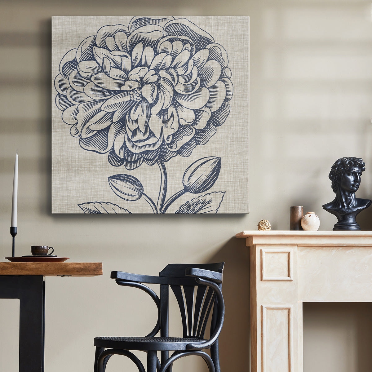 Indigo Floral on Linen III - Canvas Art Print