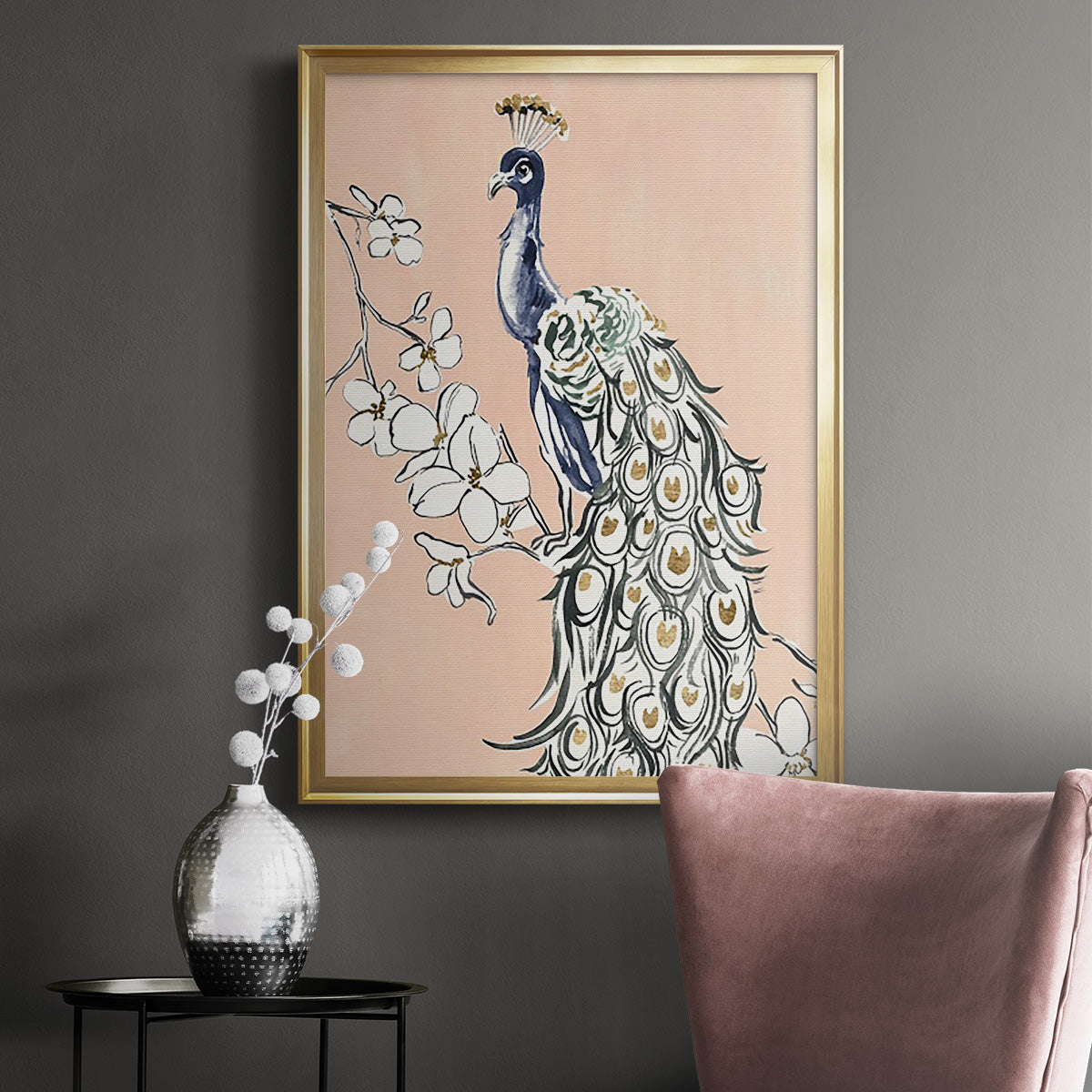 Peacock in Gold IV - Modern Framed Canvas Print