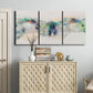 Three-panel canvas wall art featuring abstract mountain range watercolor, displayed above a cabinet in an entryway.