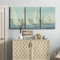 Three-panel canvas wall art featuring sailboats silhouetted at sunrise, displayed above a cabinet in an entryway.