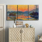 Three-panel canvas wall art featuring winter sunset over river, displayed above a cabinet in an entryway.