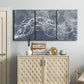 Three-panel canvas wall art featuring coastal shoreline at golden hour, displayed above a cabinet in an entryway.