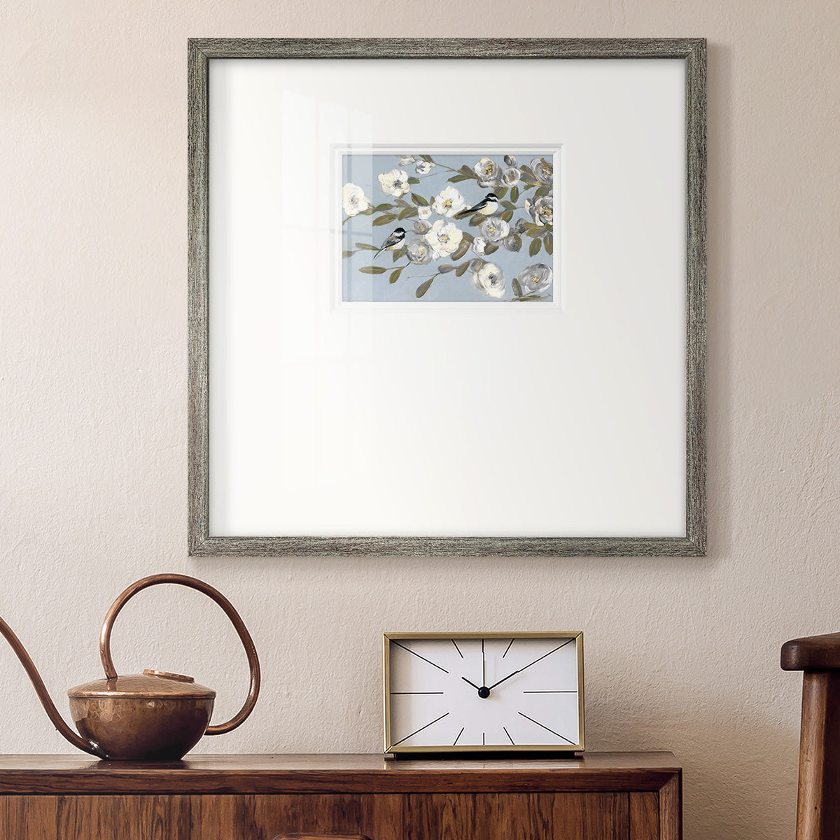 Chickadees and Blossoms I Premium Framed Print Double Matboard