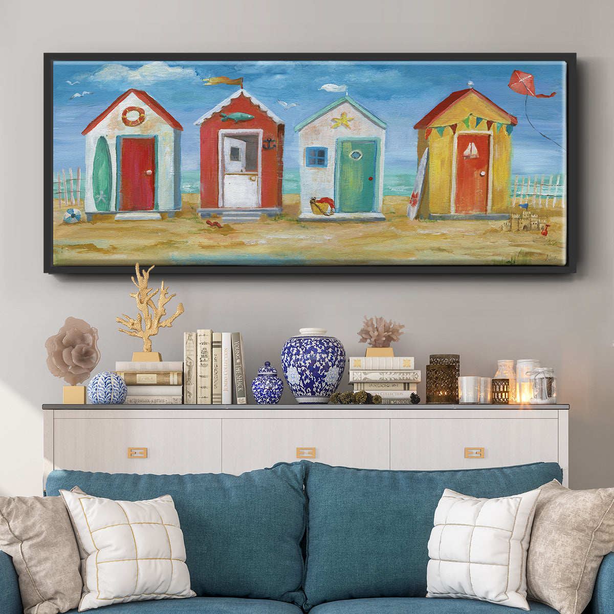 Bright Beach Huts - Floater Framed Canvas Print