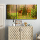 Three-panel canvas wall art featuring resting animals in open field, displayed above a cabinet in an entryway.