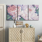 Three-panel canvas wall art featuring soft pink peonies in bloom, displayed above a cabinet in an entryway.