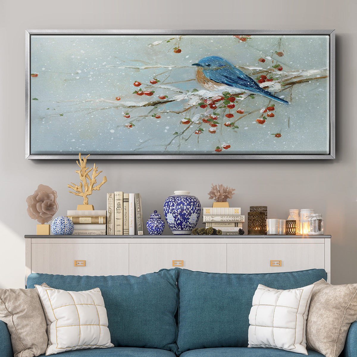 Blue Bird in Winter - Floater Framed Canvas Print