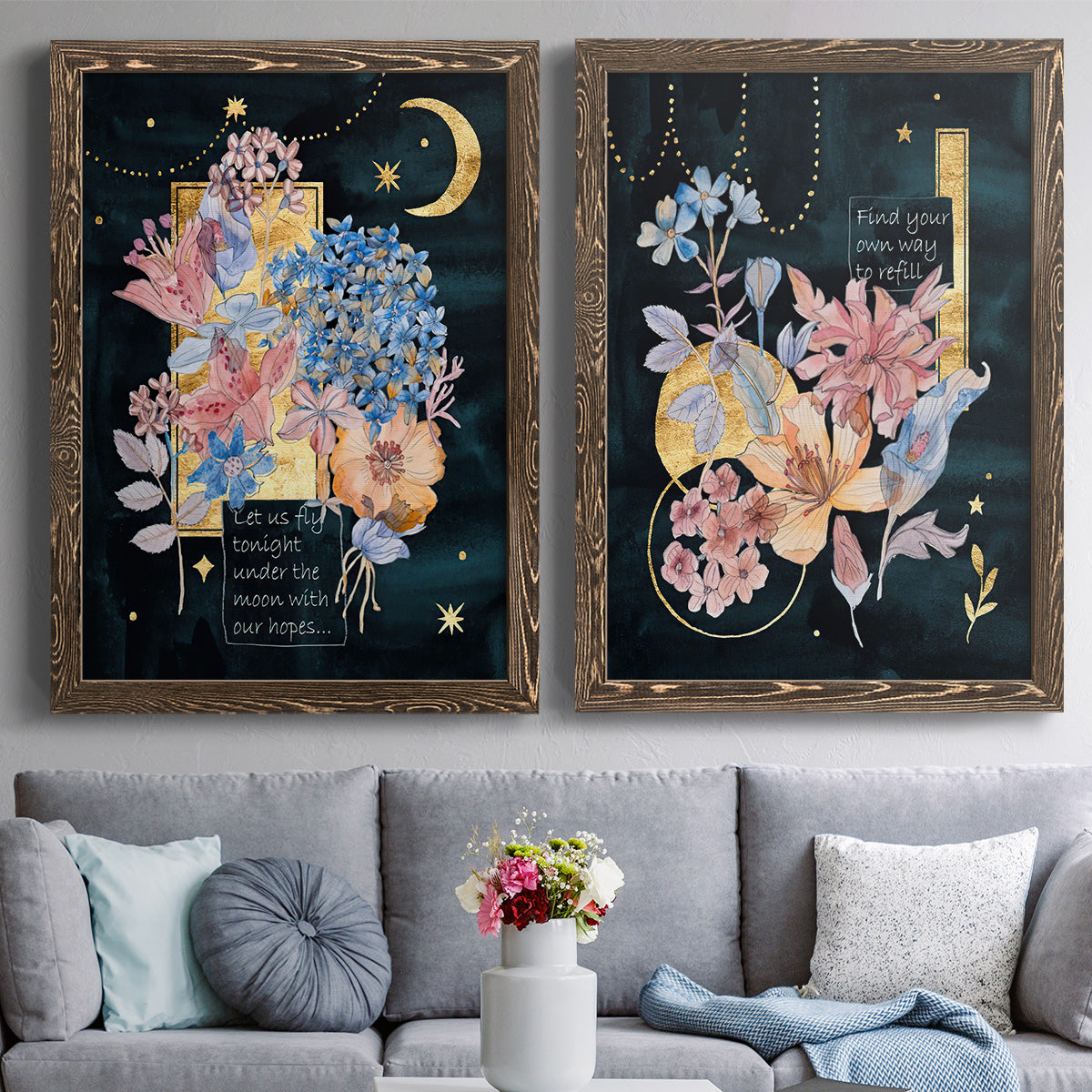 Moonlight Flowers I - Premium Framed Canvas 2 Piece Set - Ready to Hang