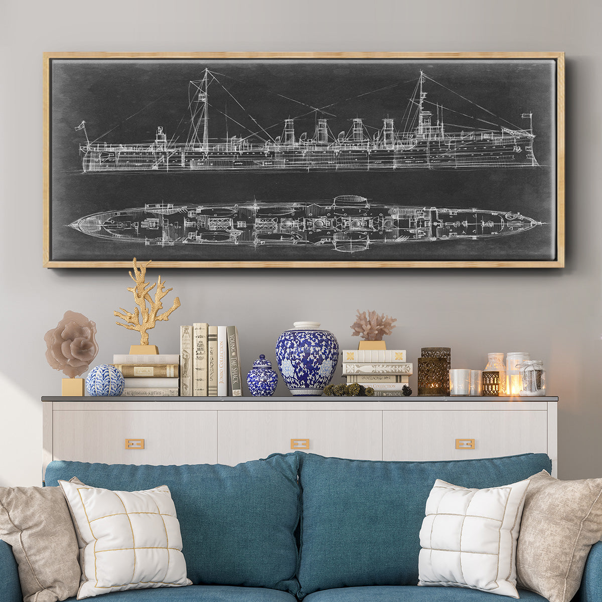 Navy Cruiser Blueprint - Floater Framed Canvas Print