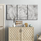 Three-panel canvas wall art featuring monochrome rose study photograph, displayed above a cabinet in an entryway.
