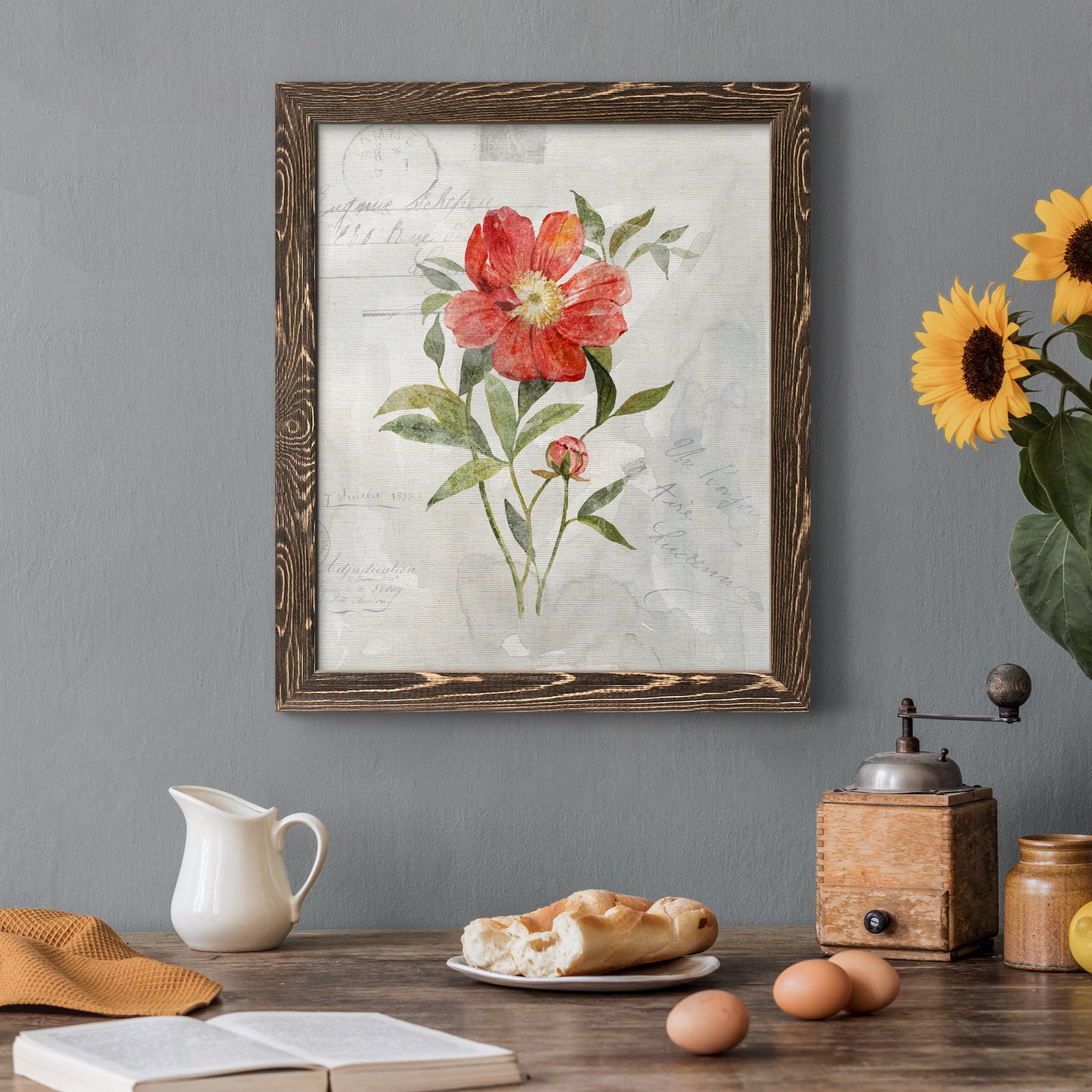 Linen Peony - Premium Canvas Framed in Barnwood - Ready to Hang