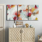 Three-panel canvas wall art featuring abstract directional visual shift, displayed above a cabinet in an entryway.