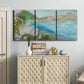 Three-panel canvas wall art featuring open landscape with landing strip, displayed above a cabinet in an entryway.