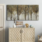 Three-panel canvas wall art featuring sunlight filtering through trees, displayed above a cabinet in an entryway.