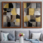 Set of two maple barnwood framed canvas prints depicting paired structured modern abstracts with semicircles, rectangles, textured panels, and metallic-looking accents above a sofa in a contemporary living room.