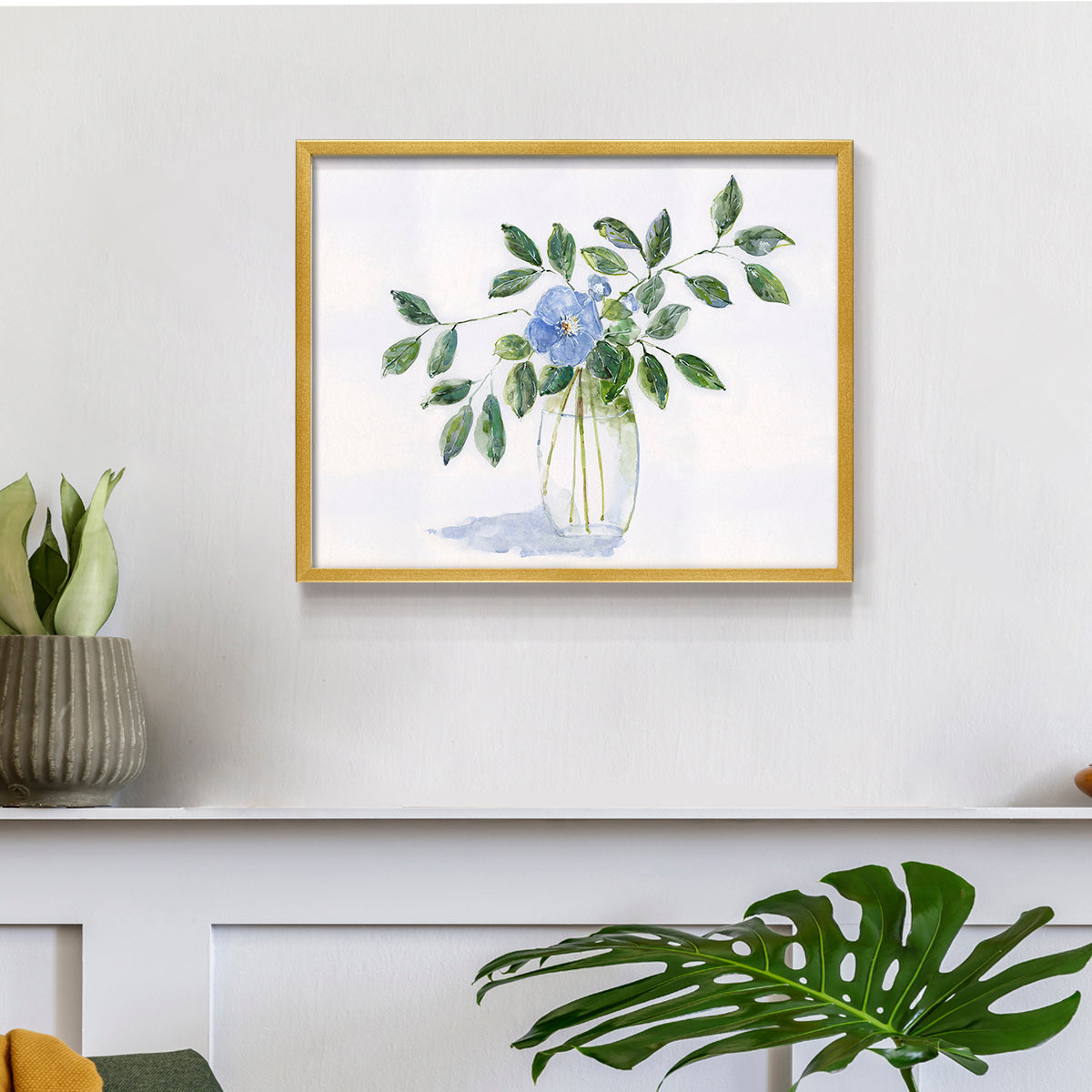 45308,watercolor,painting,flower,blue flower,green leaves,glass vase,nature art,interior decor,botanical art,floral,contemporary art,still life,home decor,tranquil,wall art,visual art,creative,handmade,craft,aesthetic,design,artist,beauty,calming,elegant,traditional,exhibition,soft colors,natural elements,craftsmanship,decor,floral arrangement,artwork,leaf,simplicity,Re-stickable,Plants & Flowers