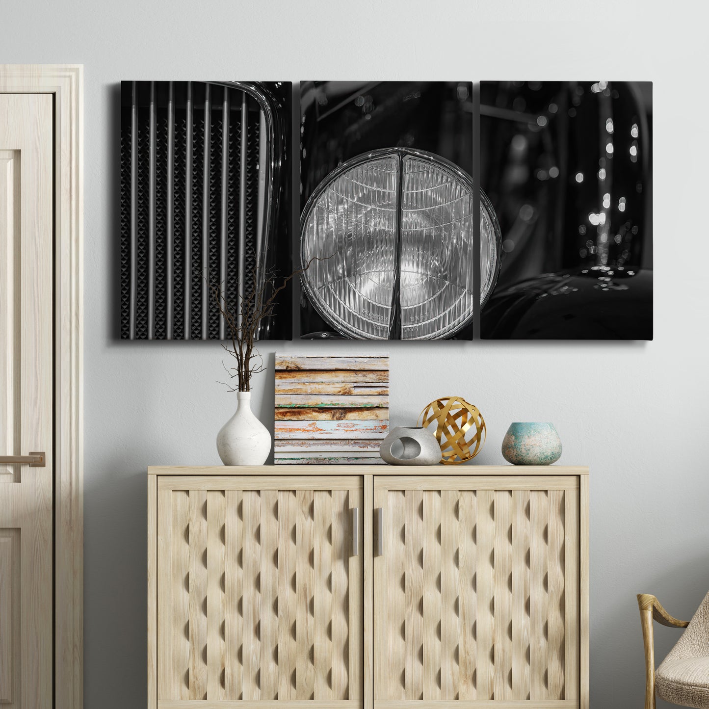 Three-panel canvas wall art featuring vintage car grille detail, displayed above a cabinet in an entryway.