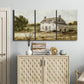 Three-panel canvas wall art featuring rural farmhouse harvest landscape, displayed above a cabinet in an entryway.
