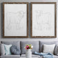 Set of two walnut barnwood framed canvas prints depicting paired minimalist livestock sketches with fine gray lines, white backgrounds, and quiet farm-animal profiles above a sofa in a contemporary living room.