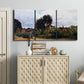 Three-panel canvas wall art featuring garden corner with flowering trees, displayed above a cabinet in an entryway.