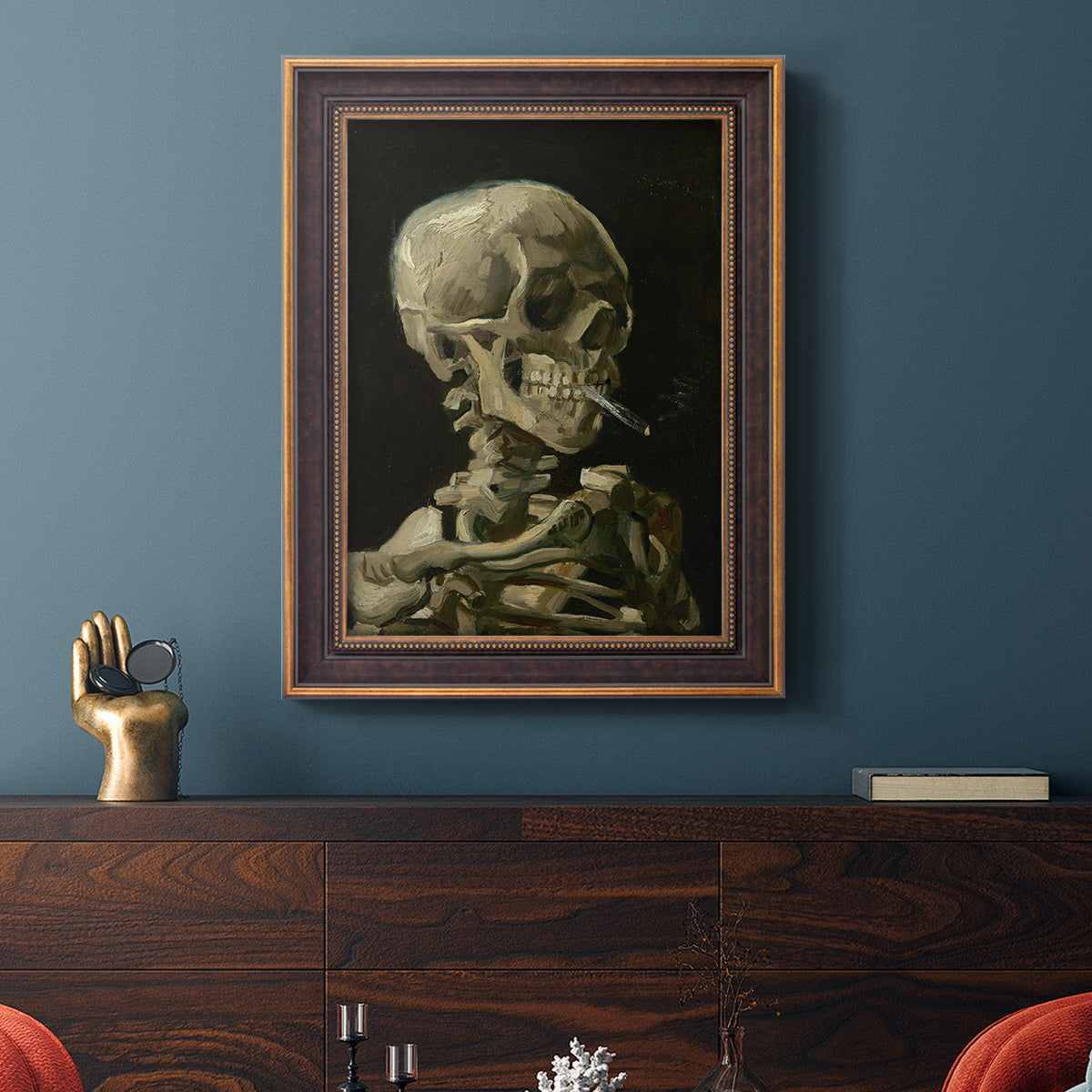 Head of a Skeleton with a Burning Cigarette - Ornate Framed Canvas Print