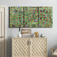 Three-panel canvas wall art featuring geometric fractal abstract slot pattern, displayed above a cabinet in an entryway.