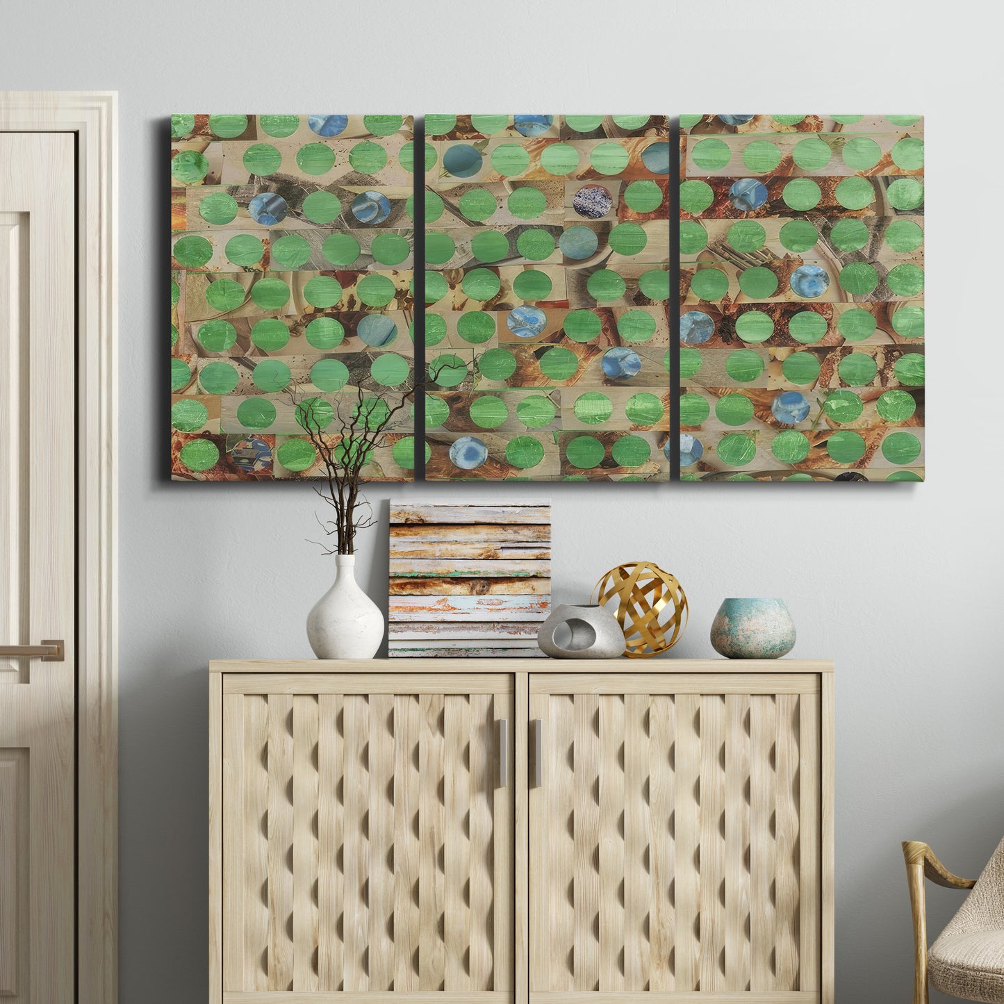 Three-panel canvas wall art featuring geometric fractal abstract slot pattern, displayed above a cabinet in an entryway.