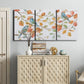 Three-panel canvas wall art featuring decorative bird trio illustration, displayed above a cabinet in an entryway.
