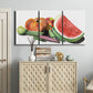 Three-panel canvas wall art featuring impressionist market still life, displayed above a cabinet in an entryway.