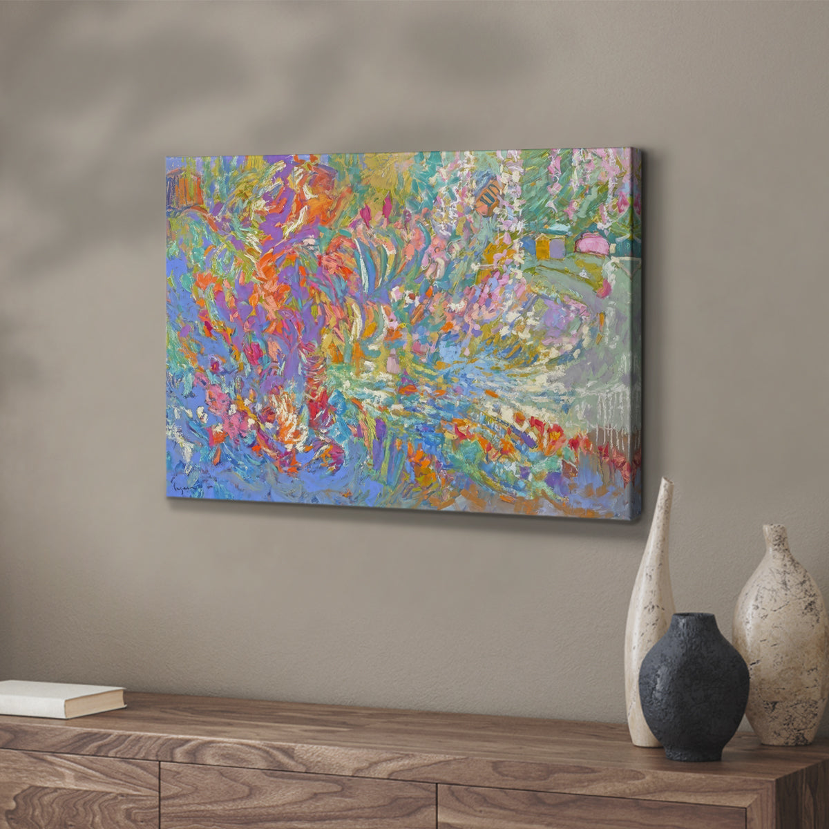 Vibrant display of colors depicting a lush garden blooming with flowers in an abstract style reflecting serenity and joy