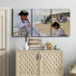 Three-panel canvas wall art featuring figures walking along sandy beach, displayed above a cabinet in an entryway.