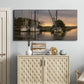Three-panel canvas wall art featuring fishing trawlers on working harbor, displayed above a cabinet in an entryway.