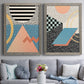 Set of two gray barnwood framed canvas prints depicting paired retro graphic abstracts with checkerboards stripes squiggles peach blue black and mint shapes above a sofa in a contemporary living room.