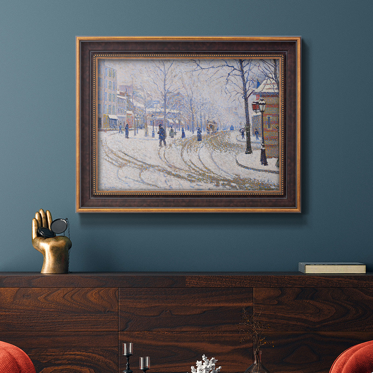 Snow, Boulevard de Clichy, Paris - Ornate Framed Canvas Print