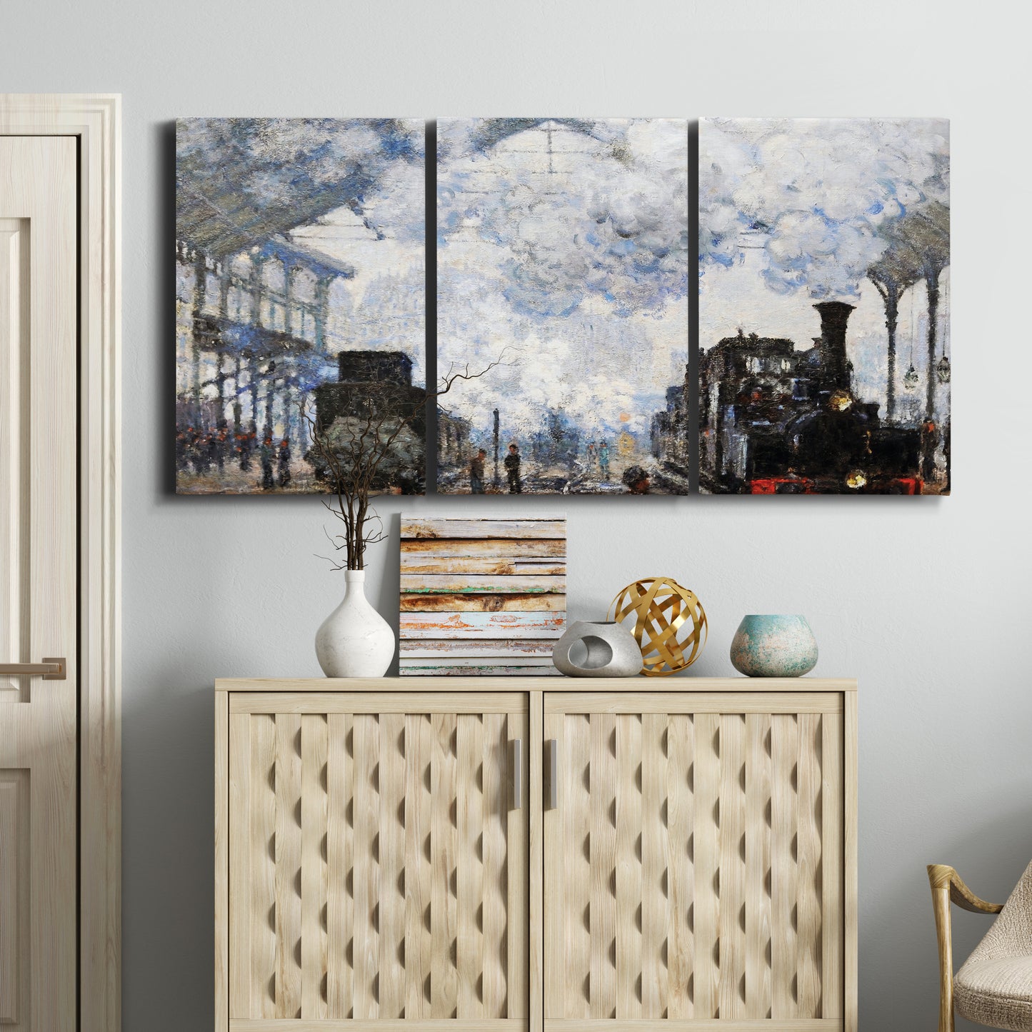 Three-panel canvas wall art featuring playful peach toned floral composition, displayed above a cabinet in an entryway.