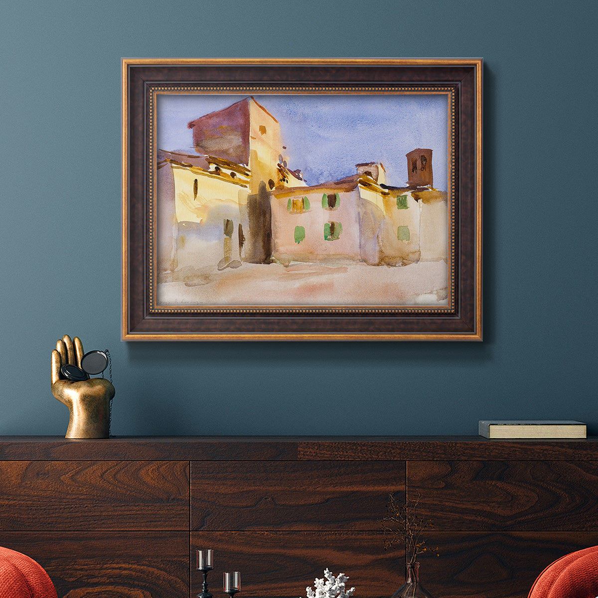 Impressionist Italian village scene by John Singer Sargent in an ornate bronzed mahogany wood frame displayed in a dark-toned interior setting.