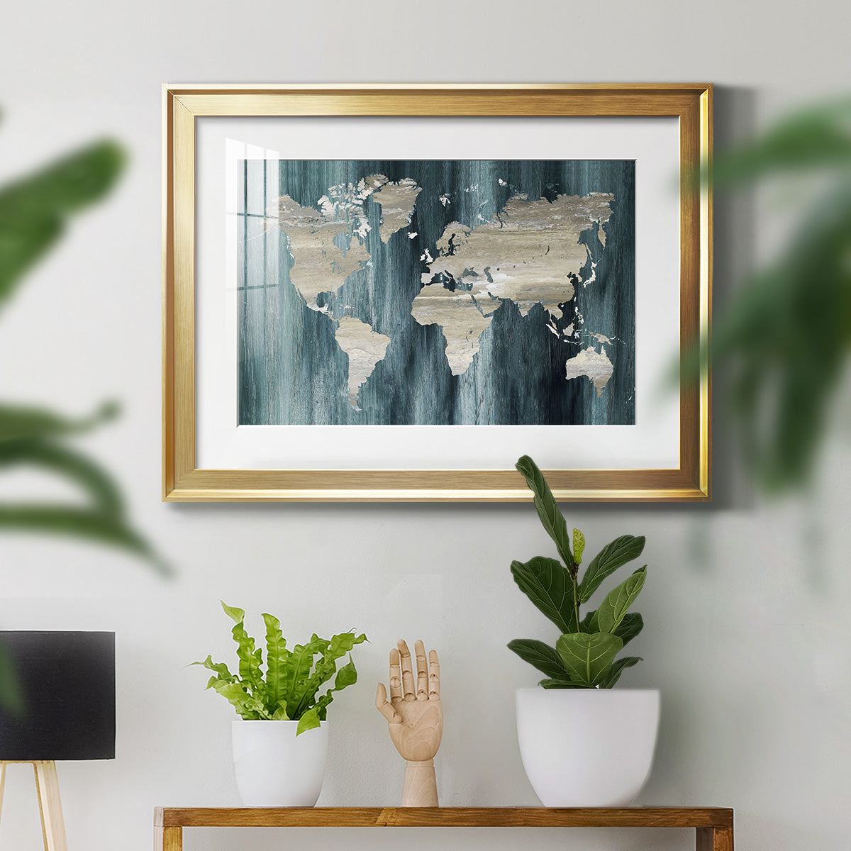Navy World Map - Modern Framed Art Print